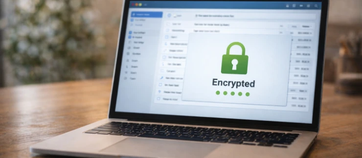 E-Mail-Client auf Laptop mit Verschlüsselungssymbol - E-Mail-Sicherheit