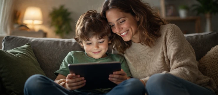 Kind und Mutter schauen gemeinsam auf Tablet - Kindersicherung im Internet