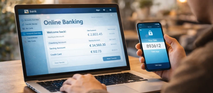 Person beim Online-Banking am Laptop mit Smartphone als TAN-Generator