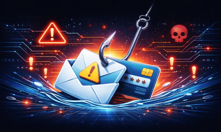 Phishing-Angriff: Angelhaken zieht E-Mail und Kreditkarte aus einem digitalen Netzwerk - Symbolbild für Internetbetrug