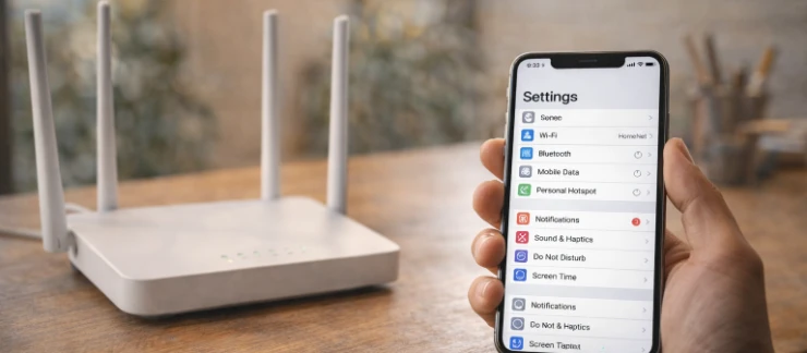 Router auf Schreibtisch mit Smartphone-Einstellungsmenue - Router absichern