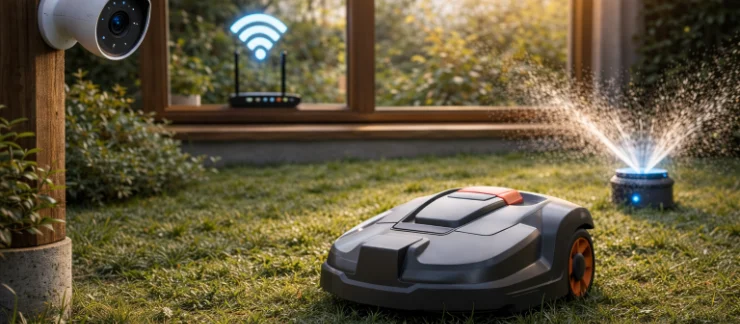 Mähroboter im Garten verbunden mit Heimnetzwerk - Smart-Geräte und IoT-Sicherheit