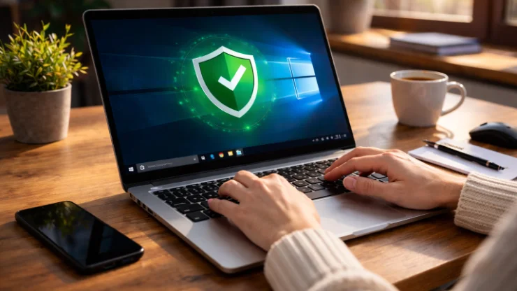 Virenschutz auf Windows-Laptop - Sicherheitsprogramm mit grünem Schutzschild aktiv