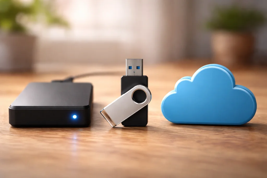 Drei Backup-Kopien auf verschiedenen Medien - 3-2-1-Backup-Regel visualisiert