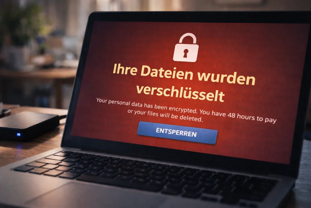 Ransomware-Warnung auf Laptop in Büroumgebung - KMU als Angriffsziel