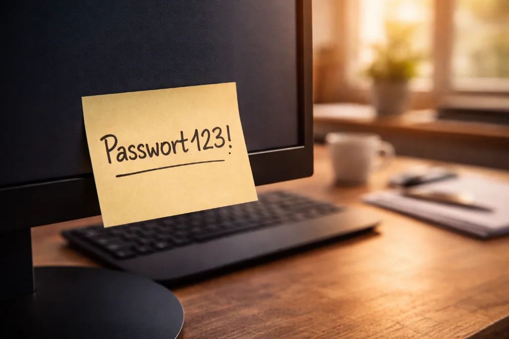 Haftnotiz mit Passwort auf Monitor - unsichere Passwort-Praxis