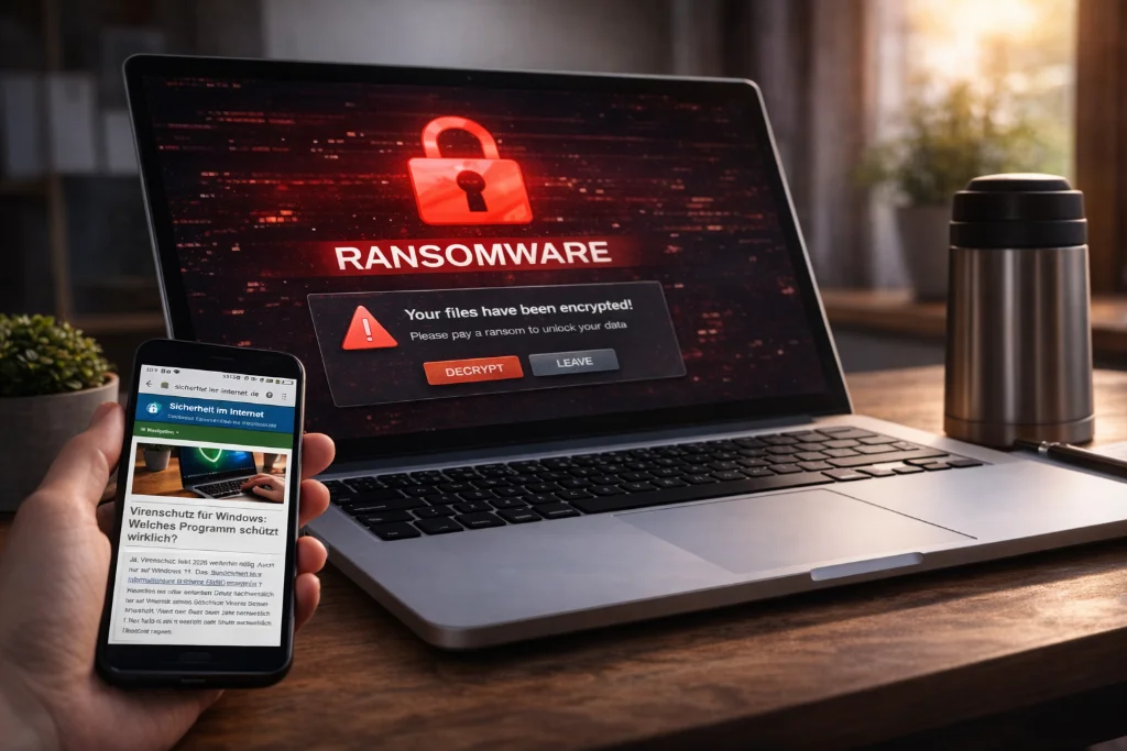 Ransomware-Warnung auf Bildschirm - Erpressungssoftware als aktuelle Bedrohung