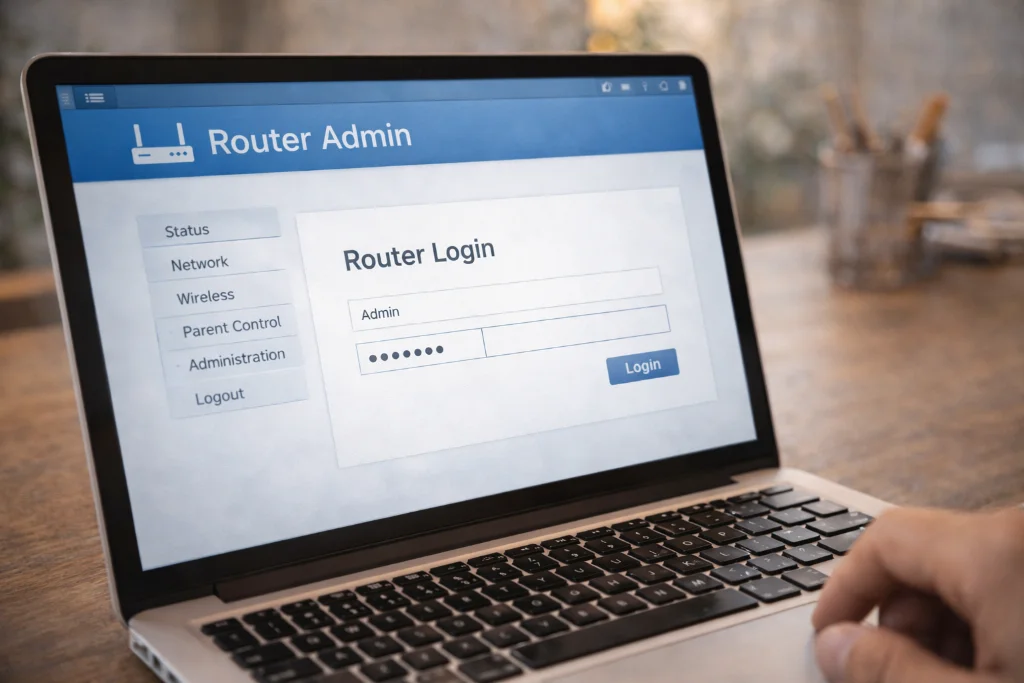 Router-Adminoberfläche auf Laptop - Einstellungen absichern