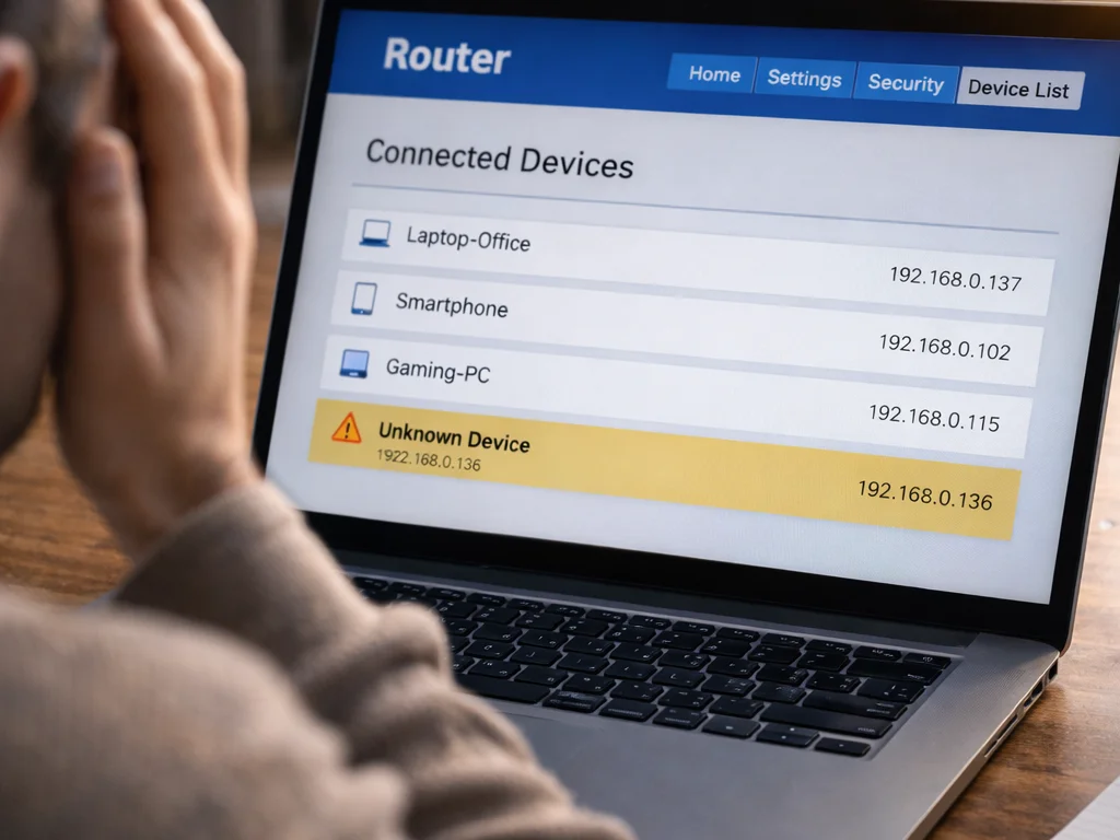 Router-Verwaltungsoberfläche zeigt angemeldete Geräte im Heimnetzwerk