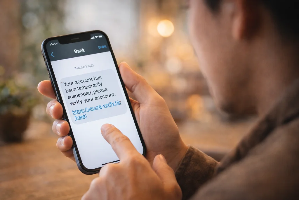 Gefälschte Bank-SMS auf Smartphone - Smishing-Angriff