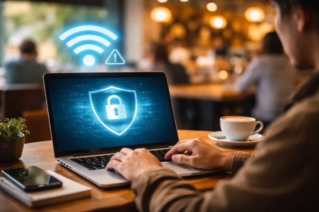 Person mit Laptop in Café nutzt öffentliches WLAN - VPN sinnvoll